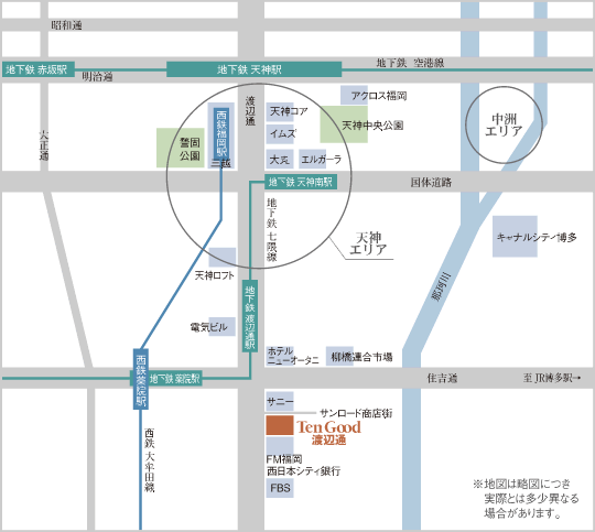 TenGood渡辺通へのアクセスマップ